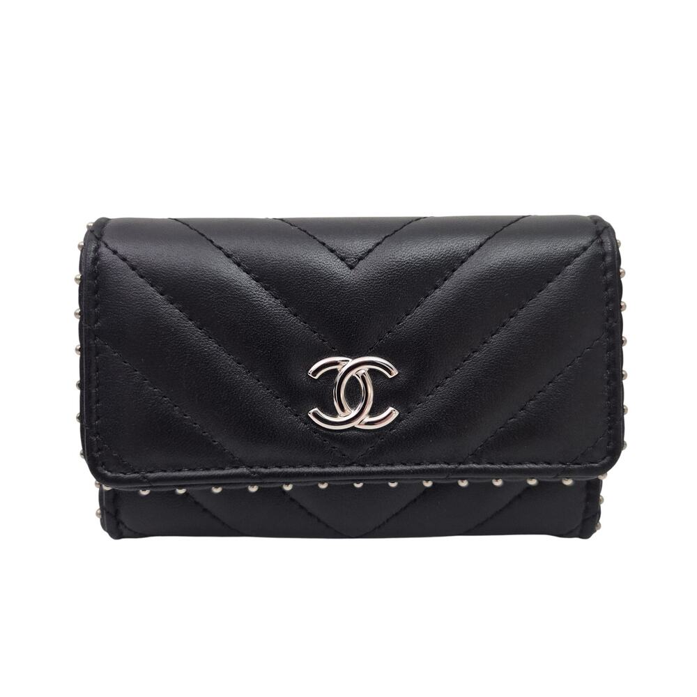 Chanel Lambskin Chevron Quilted Studded Cardholder Wallet Black